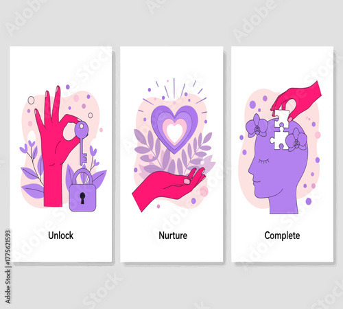 Conceptual illustration of unlocking potential, nurturing growth, and completing tasks isolated on white background