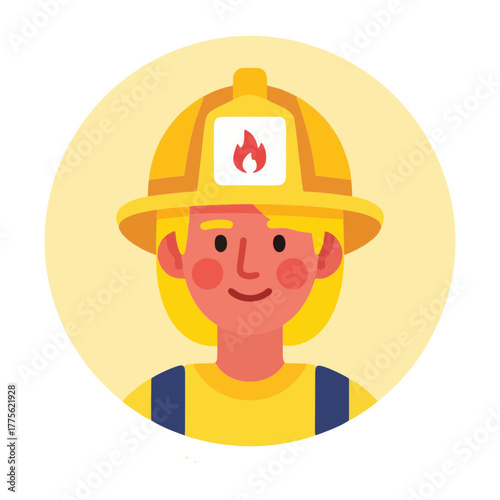 Female Firefighter Portrait Wearing Helmet with Flame Symbol in Circle