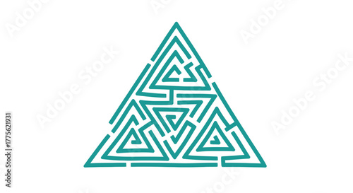 A teal-colored geometric maze design shaped as a triangle, intricate and complex.