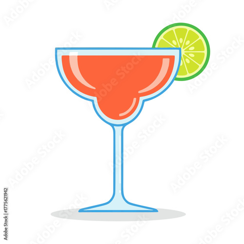 Red Margarita Cocktail with Lime Slice in Margarita Glass on White Background