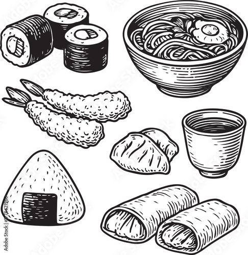 Hand-drawn Japanese Sushi Food Set Vintage
