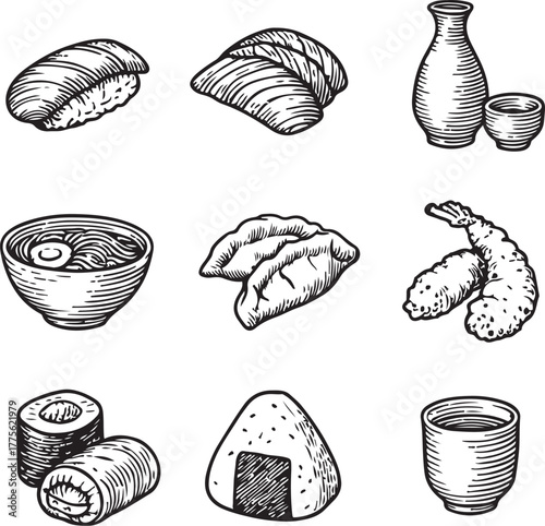 Hand-drawn Japanese Sushi Food Set Vintage