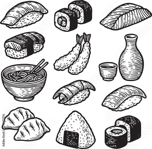 Hand-drawn Japanese Sushi Food Set Vintage