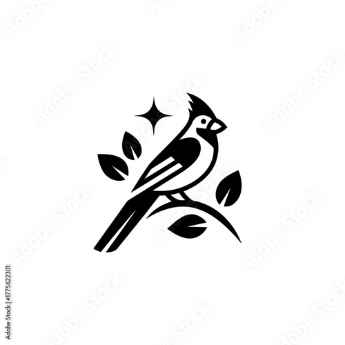 Stylized cardinal perched on a branch with leaves on transparent background silhouette