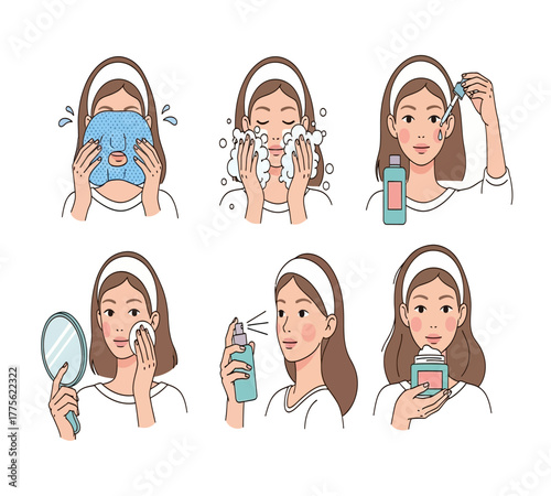 A woman is doing a skincare routine with different products, including a mask, cleanser, serum, toner, moisturizer, and cotton pad, isolated on white background