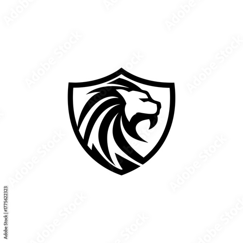 Lion head silhouette inside a shield vector graphic on transparent background