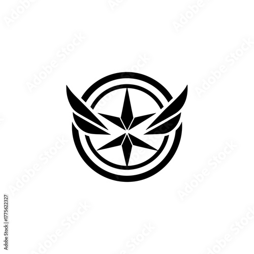 Star with wings inside a circle black and white art on transparent background silhouette