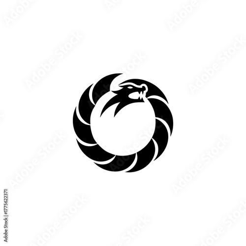 Black ouroboros dragon eating its tail in a circle on transparent background silhouette