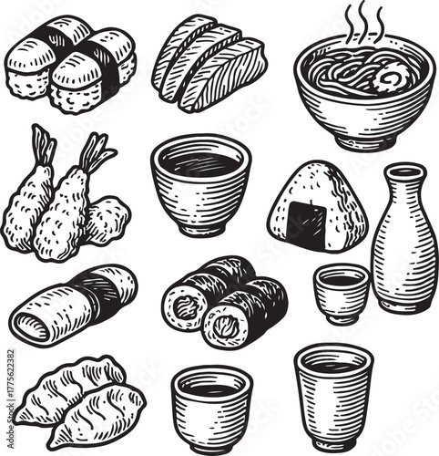 Hand-drawn Japanese Sushi Food Set Vintage