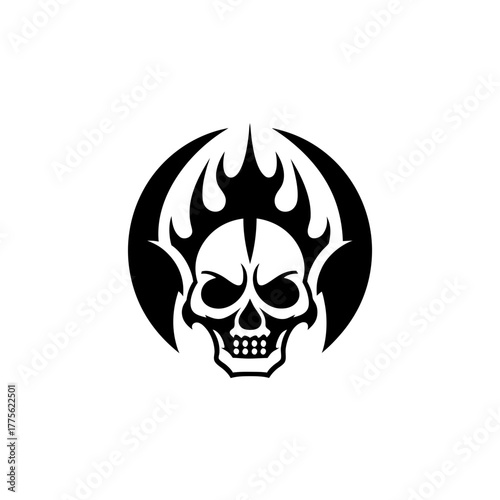 Stylized skull with flames in a circular background on transparent background silhouette