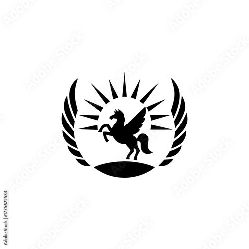 Silhouette of pegasus inside of a laurel and sunburst on transparent background