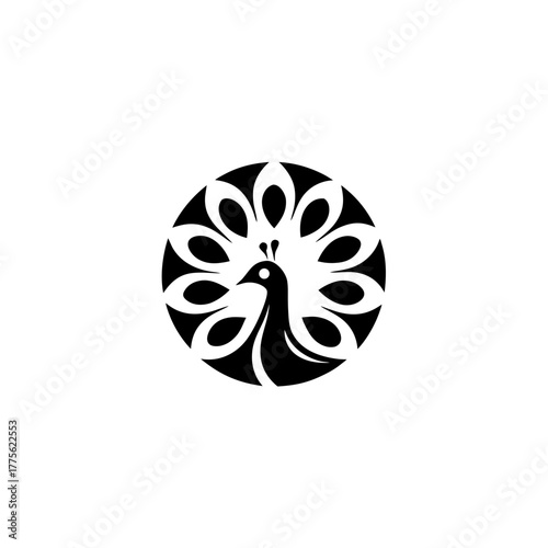 Stylized peacock illustration in circular design on transparent background silhouette