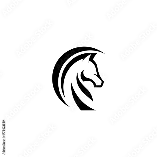 Stylized black horse head profile on white background on transparent background silhouette