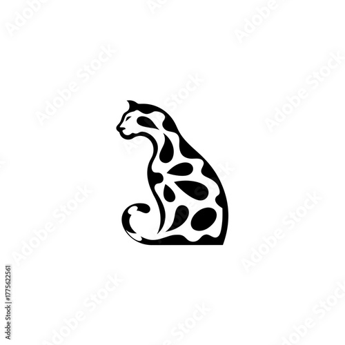 Stylized black and white cat sitting with patterns on transparent background silhouette