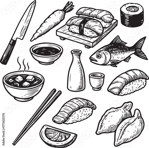 Hand-drawn Japanese Sushi Food Set Vintage