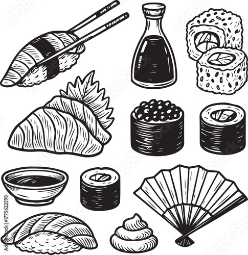 Hand-drawn Japanese Sushi Food Set Vintage