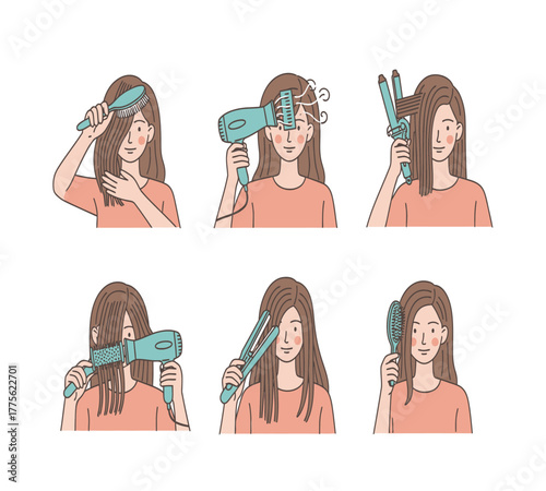 A stepbystep guide to hair styling, showing the process of brushing, drying, curling, and straightening hair, finishing with a brush, isolated on white background