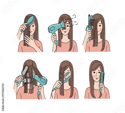 A stepbystep guide to hair styling, showing the process of brushing, drying, curling, and straightening hair, finishing with a brush, isolated on white background