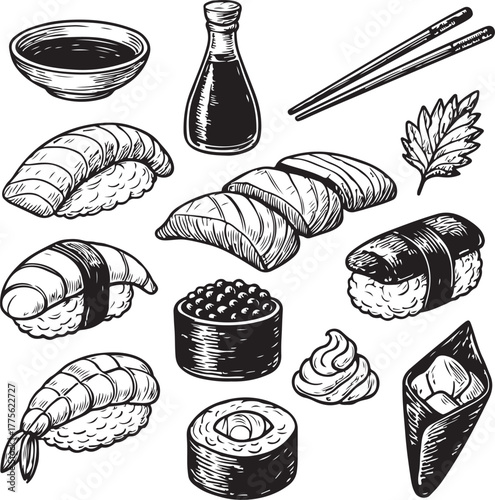 Hand-drawn Japanese Sushi Food Set Vintage
