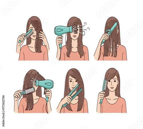 A stepbystep guide to hair styling, showing the process of brushing, drying, curling, and straightening hair, finishing with a brush, isolated on white background