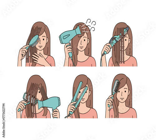 A stepbystep guide to hair styling, showing the process of brushing, drying, curling, and straightening hair, finishing with a brush, isolated on white background
