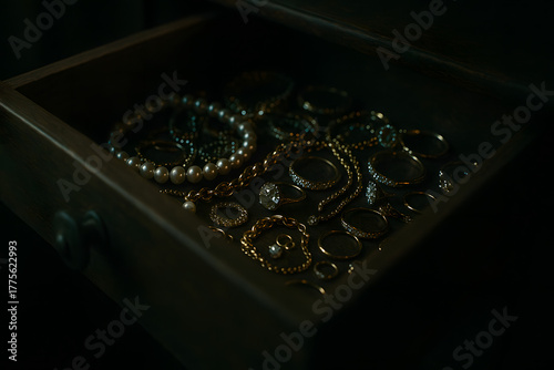 Hidden jewelry collection inside dark wooden drawer illuminated with dramatic low key lighting, luxury gold accessories and diamonds arranged in secret stash crime mystery atmosphere