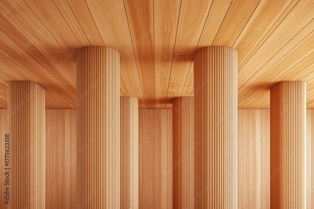 Fototapeta premium Elegant Wooden Interior with Vertical Columns and Timber Ceilings for Modern Architecture and Design Aesthetics