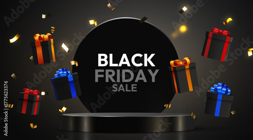 Black Friday Sale banner with elegant gift boxes and festive confetti. Ideal for marketing, discounts, and holiday sales. Vector illustration