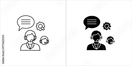 Customer support icon, headset, and communication bubble with gears