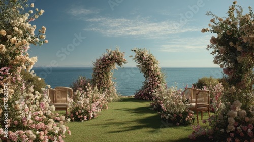 Romantic wedding ceremony setup on a lawn with sea view, elegant floral arch and timeless cinematic detail.