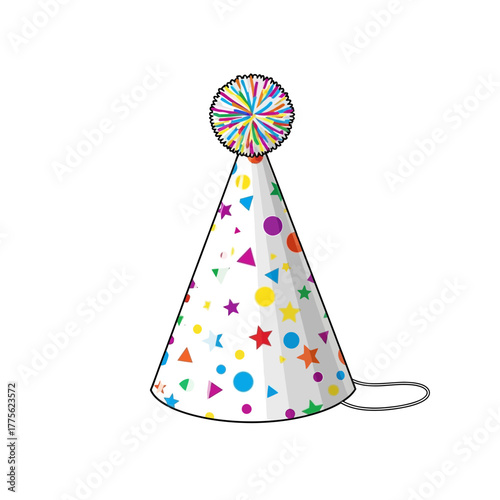 Festive Colorful Party Hat Illustration with Geometric Shapes and Elastic Band Detail