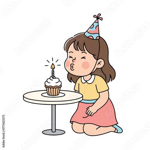 Принти на полотні Girl Celebrating Birthday with Cupcake – Kids Party Vector Illustration