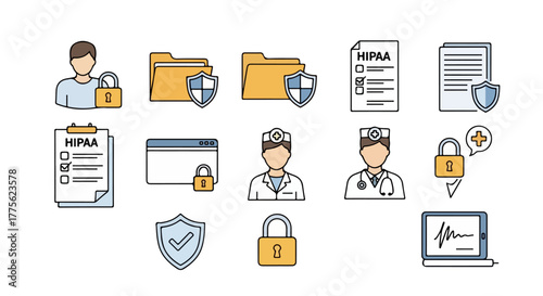 HIPAA compliance icon set data protection and secure patient records for medical professionals healthcare providers ensuring privacy and confidentiality promoting trust