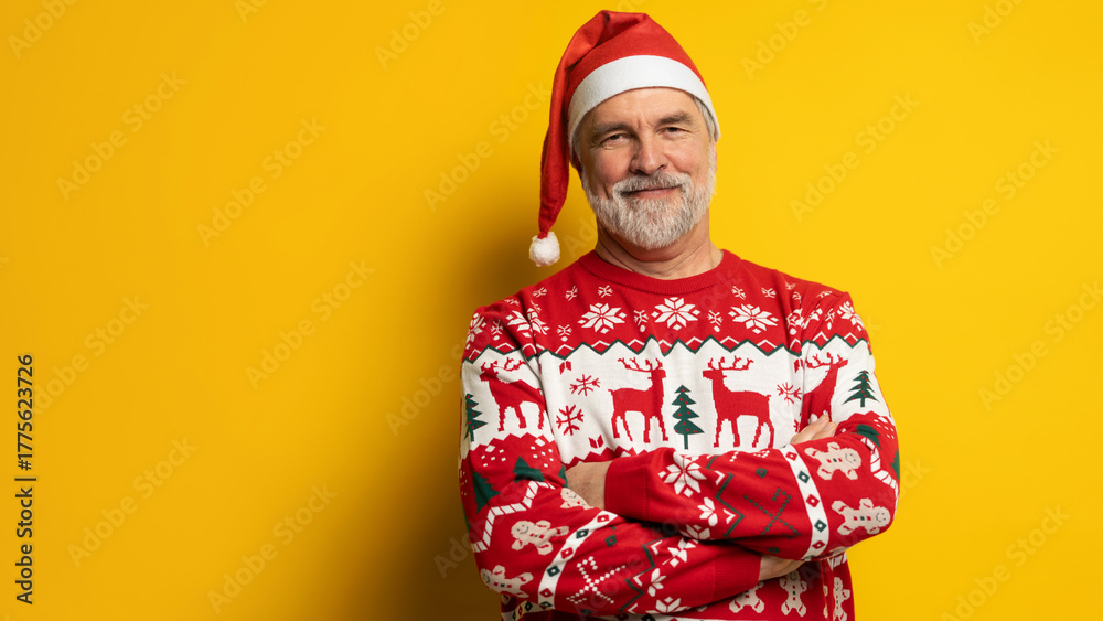 Obraz premium Merry satisfied smiling mature man wear knitted christmas sweater Santa hat posing on isolated yellow background