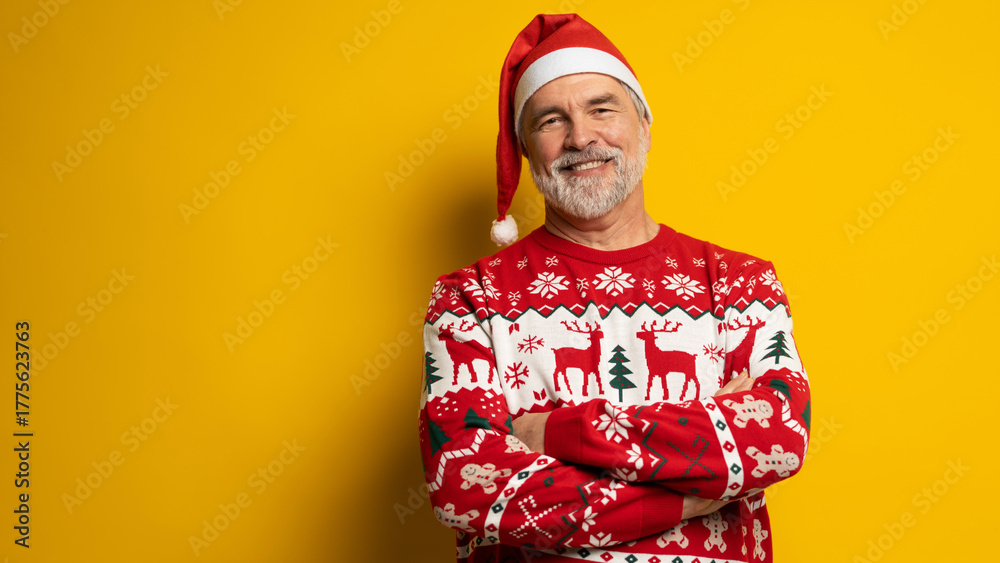 Obraz premium Merry satisfied smiling mature man wear knitted christmas sweater Santa hat posing on isolated yellow background