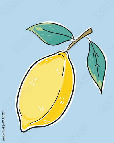 Vibrant Watercolor Lemon Fruit with Leaf on Blue Background