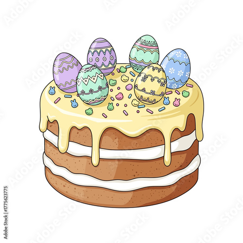 Elegant Layered Cake with Colorful Easter Eggs and Sprinkles on Drip White Chocolate Frosting