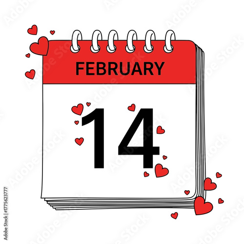 February 14 Valentine's Day Calendar Illustration with Highlighted Date and Hearts