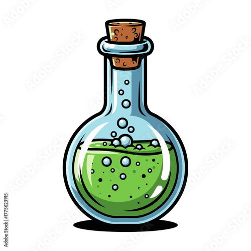 Mystical Green Potion Bottle Illustration With Bubbling Liquid and Cork Stopper