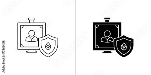 Digital portrait of a person protected by a shield with a leaf symbol, symbolizing data privacy and ecofriendly security