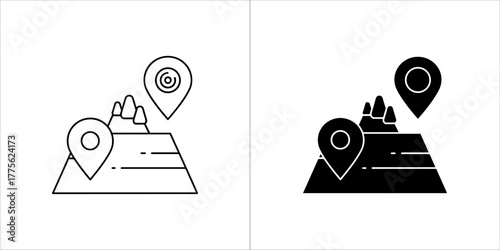 Two icons representing location pins on a landscape, one outlined and one solid black