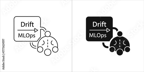 Icons illustrating mlops drift, showing data flow and model degradation
