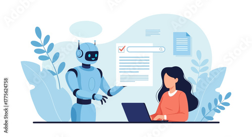 robot assistant providing search results to a businesswoman using a laptop illustrating artificial intelligence and digital transformation for automation
