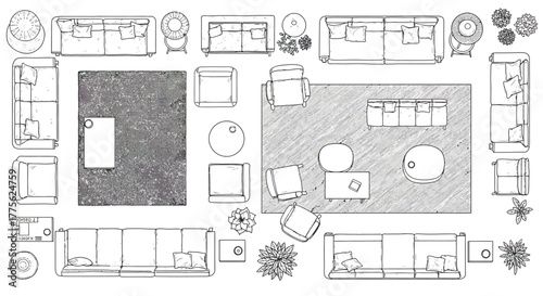 plan view furniture arrangement showing various sofas and chairs ideal for interior design mockups displaying furniture options and spatial planning tools.