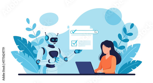 Robotic automation Woman using AI to complete tasks with a robot assistant managing documents optimizing workflow demonstrating advanced technology.