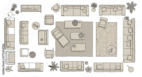 plan view furniture layout top-down illustration of a living room interior showcasing sofa armchairs and coffee tables on a rug for interior design