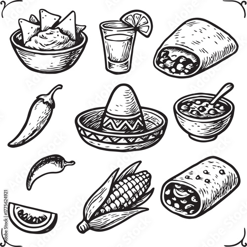 Hand-drawn Mexican Food Set Vintage