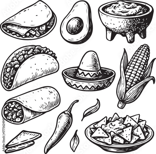 Hand-drawn Mexican Food Set Vintage