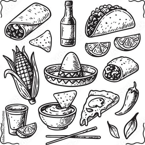 Hand-drawn Mexican Food Set Vintage