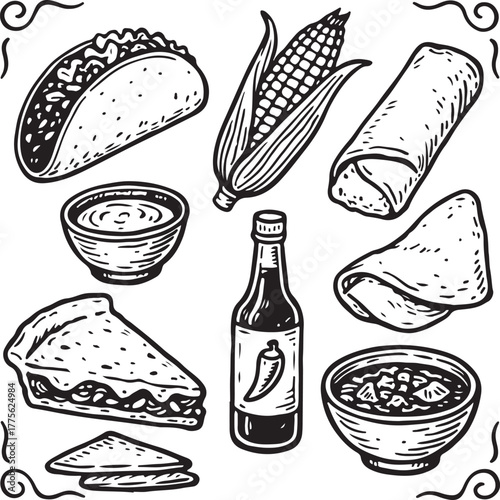 Hand-drawn Mexican Food Set Vintage